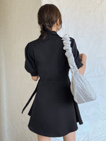 Lapel Neck Lantern Sleeve Knot Side Dress