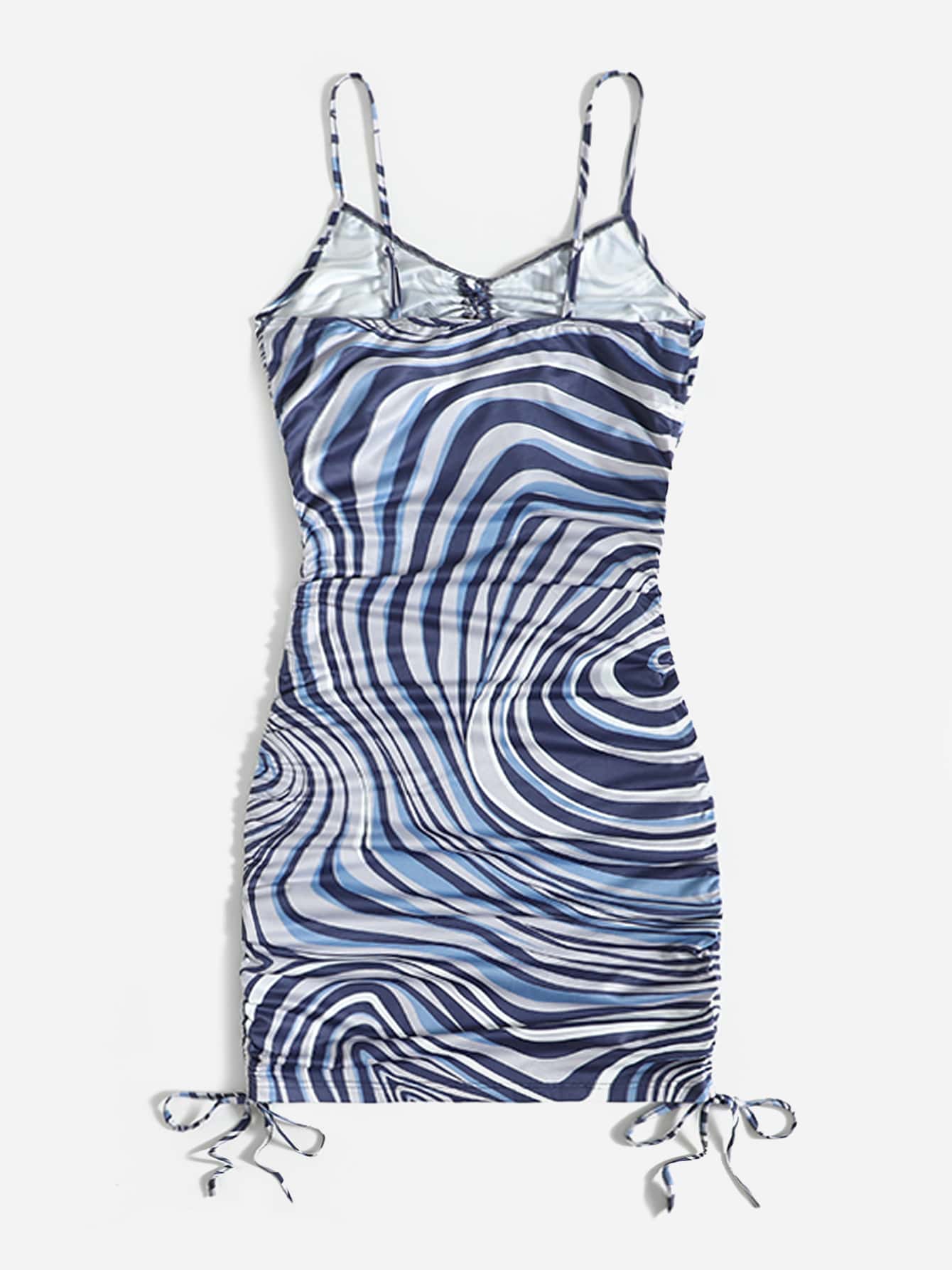 Marble Print Drawstring Ruched Front & Hem Bodycon Dress