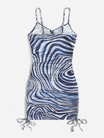 Marble Print Drawstring Ruched Front & Hem Bodycon Dress
