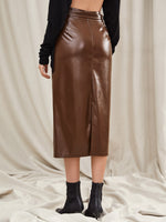 High Waist Split Hem Belted PU Leather Skirt