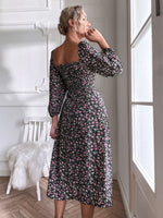 Ditsy Floral Print Square Neck Split Thigh Dress