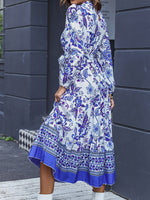 Floral Print Bishop Sleeve Ruffle Hem Mock Neck Belted Dress
