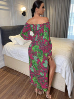 Tropical Print Off Shoulder Flounce Sleeve High Cut Overlay Romper