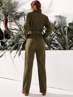 Solid Half Button Belted Jumpsuit