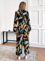 Brush Print Belted Slant Pocket Wide Leg Jumpsuit