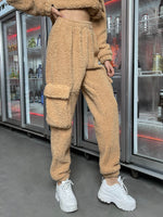 Elastic Waist Flap Pocket Teddy Pants