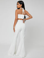 Solid Elastic Waist Flare Leg Pants