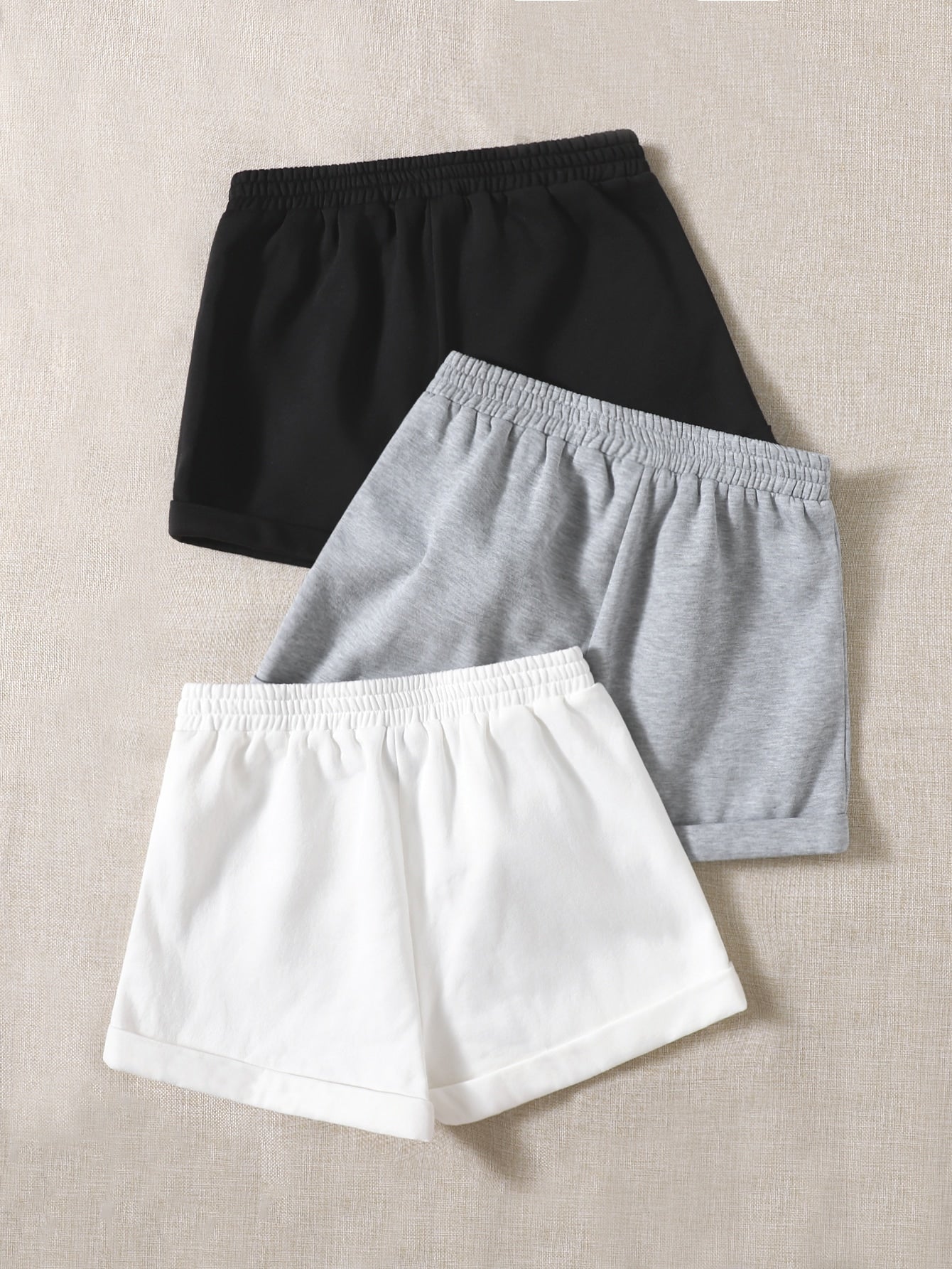3pcs Solid Roll Hem Elastic Waist Shorts