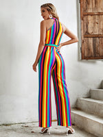 Rainbow Striped Halterneck Belted Jumpsuit