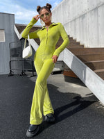 Solid Half Button Flare Leg Jumpsuit