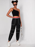 High Waist Contrast Seam Striped Trim Pants