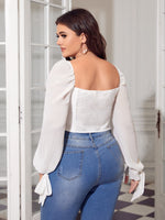 Plus Knot Detail Contrast Lace Flounce Sleeve Top