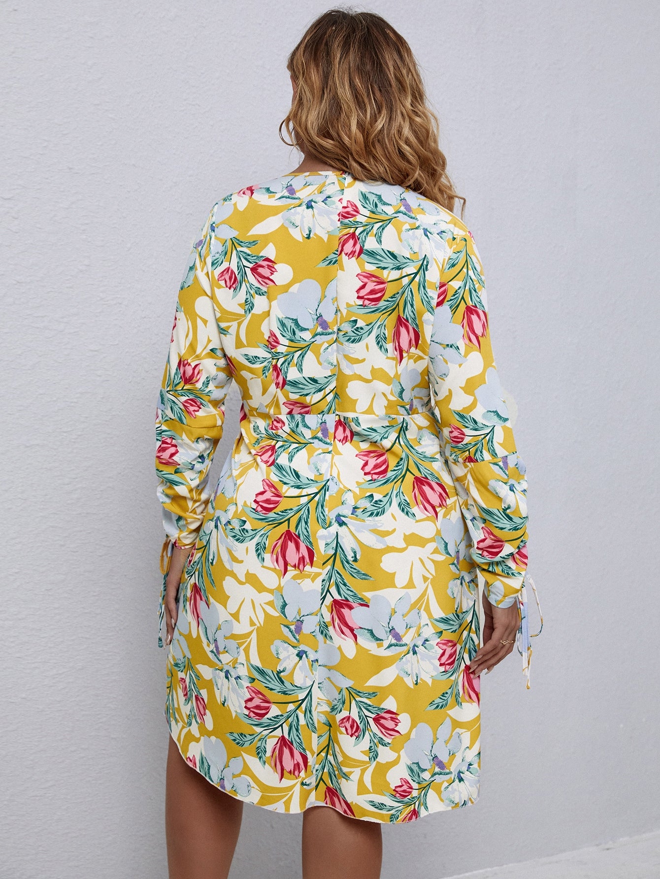Plus Floral Print Drawstring Front Overlap Collar Dress