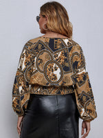 Plus Baroque Print Shirred Back Lantern Sleeve Crop Blouse