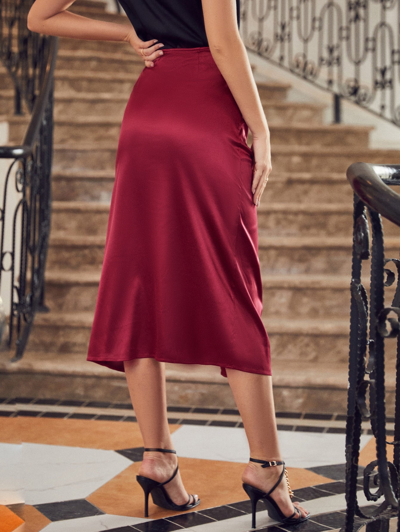 High Waist Ruched Split Thigh Satin Skirt