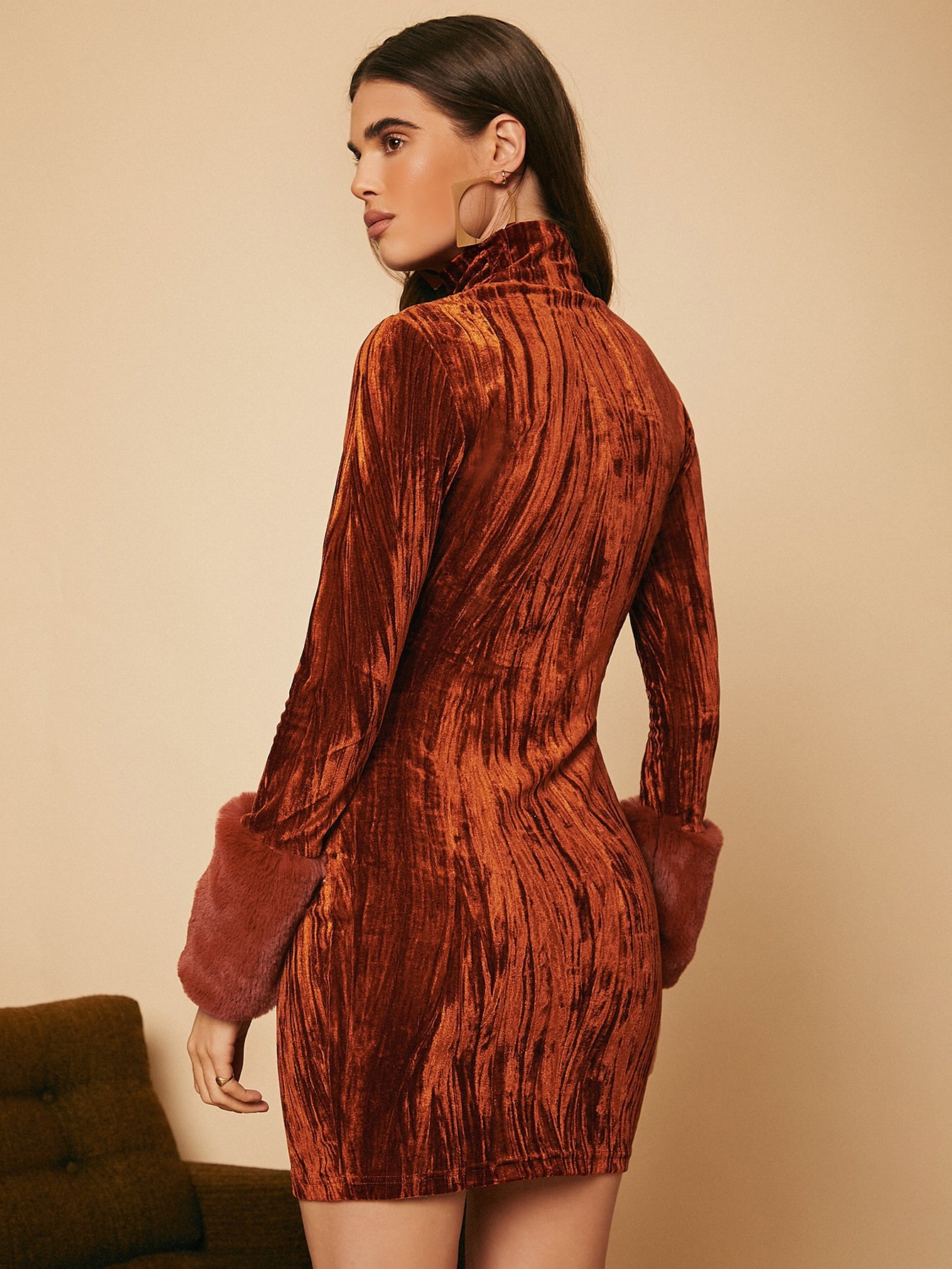 Fuzzy Cuff High Neck Velvet Bodycon Dress