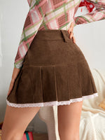 Lace Trim Corduroy Pleated Skirt