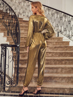 Surplice Neck Drop Shoulder Knot Front Metallic Jumpsuit