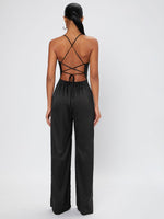 Lace Up Backless Velvet Wide Leg Jumpsuit