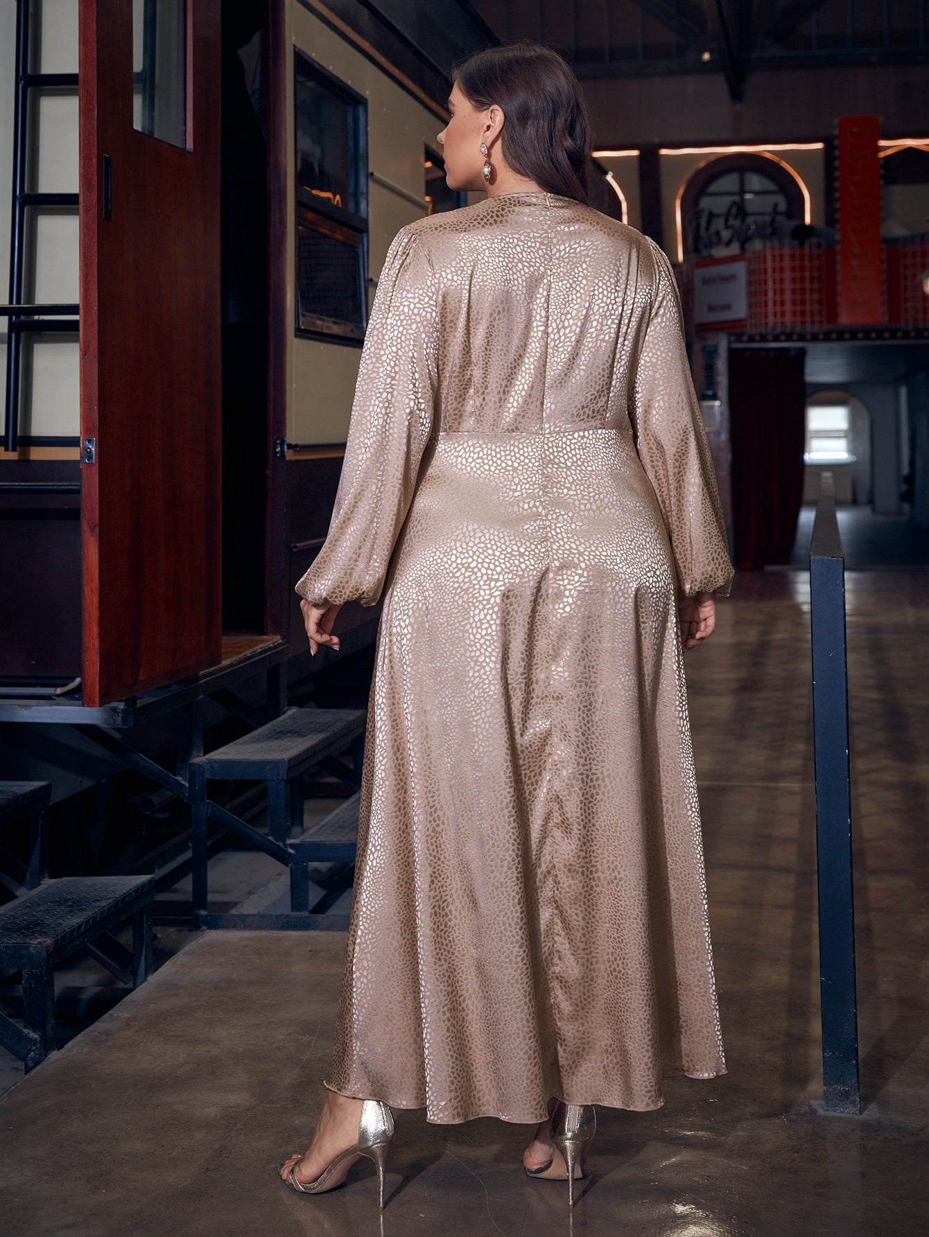 Plus Jacquard Lantern Sleeve Wrap Satin Dress
