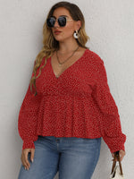 Plus Polka Dot Print Lantern Sleeve Peplum Top