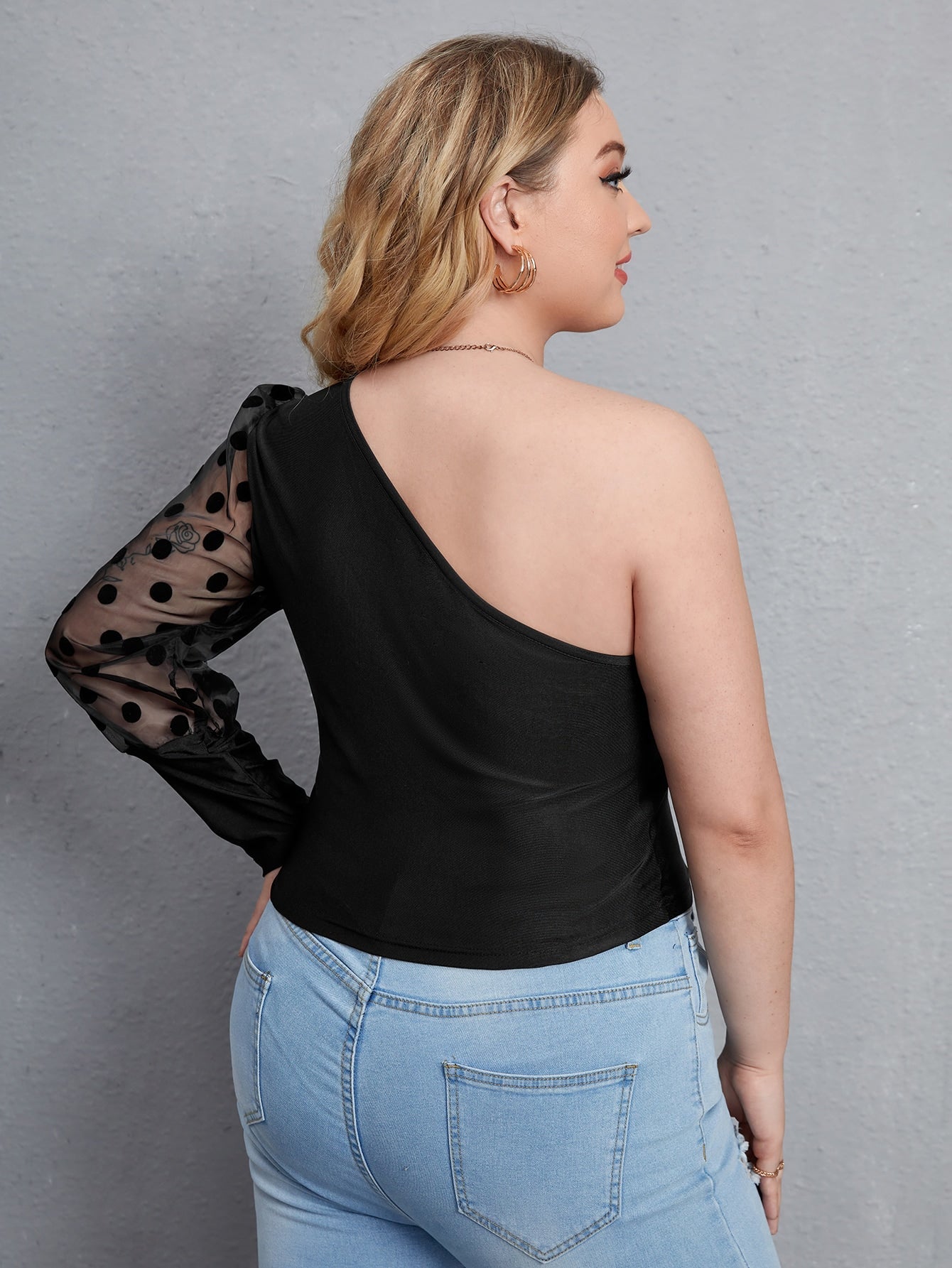 Plus One Shoulder Dobby Mesh Panel Top