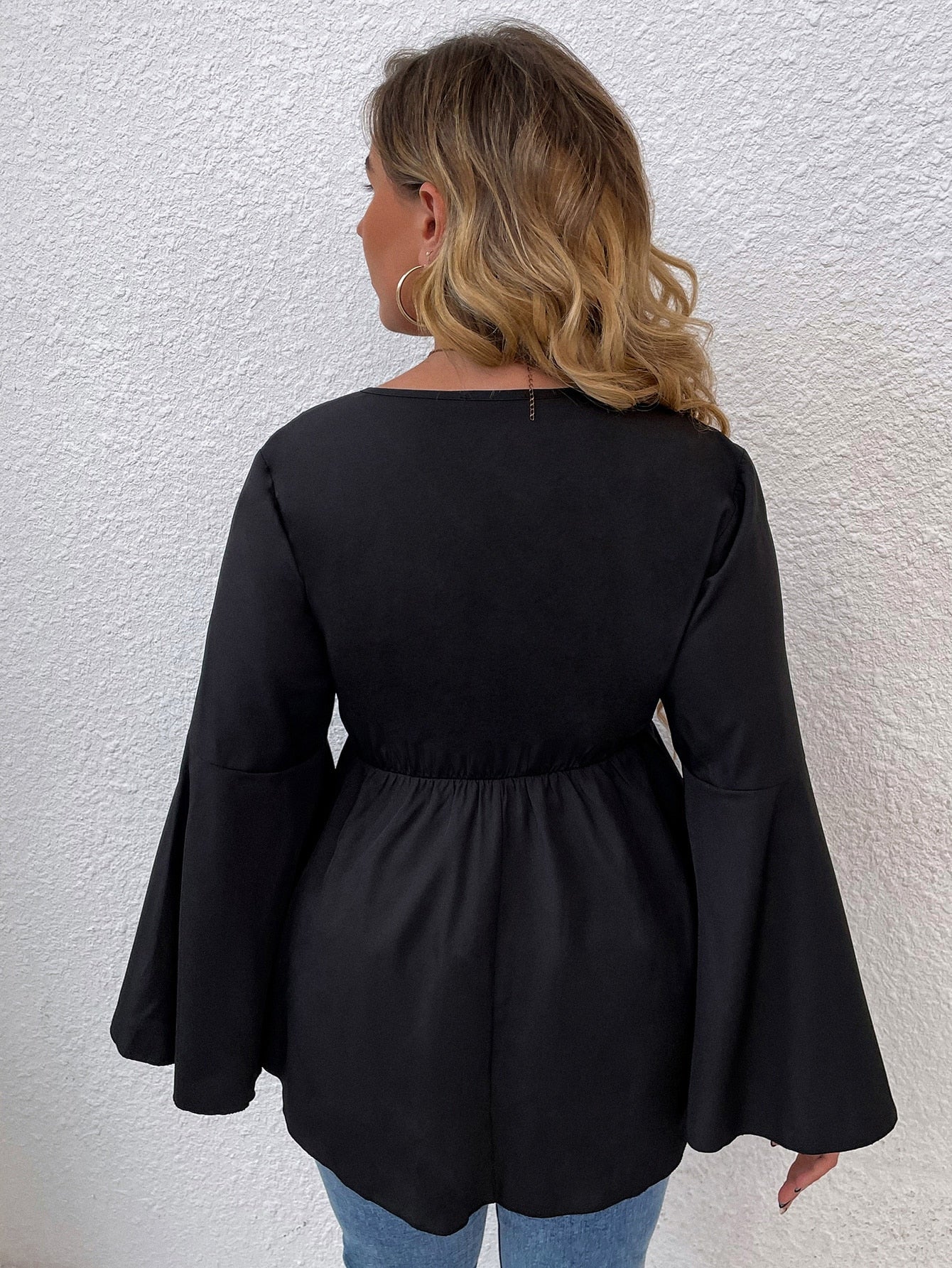 Plus Trumpet Sleeve Overlap Collar Peplum Hem Blouse