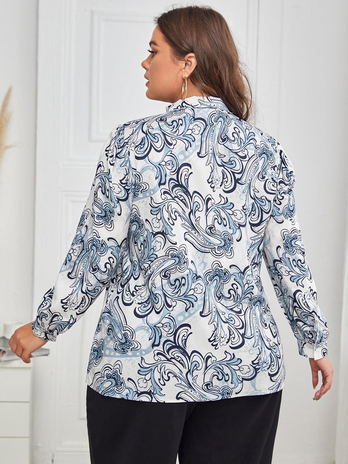 Plus Scroll & Paisley Scarf Print Tie Neck Blouse