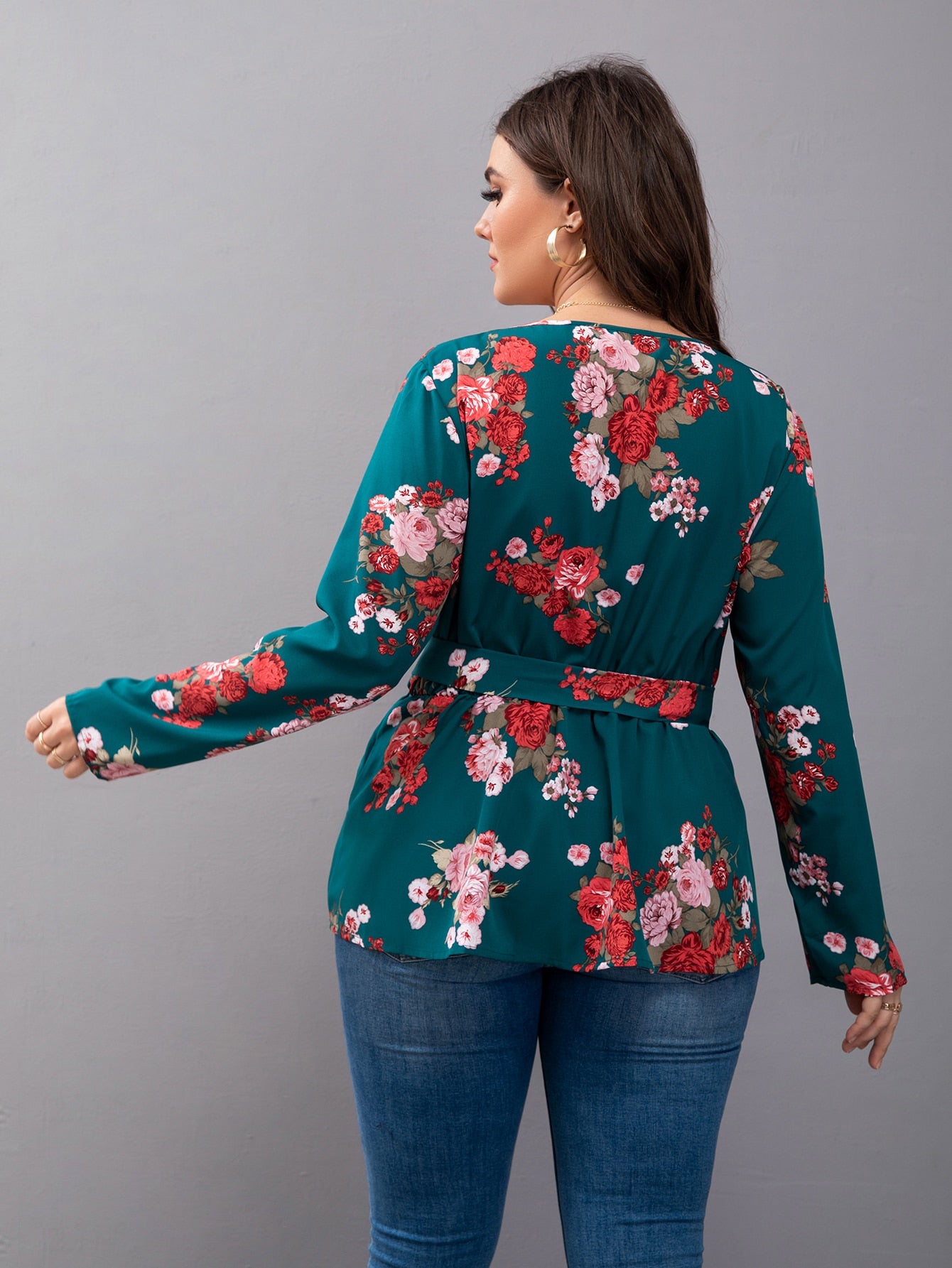 Plus Floral Print Surplice V Neck Peplum Blouse