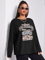 Plus Motorcycle & Slogan Print Round Neck Tee