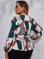 Plus Random Chain Print Lantern Sleeve Belted Blouse