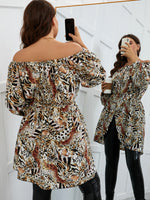 Plus Off-shoulder Leopard & Tiger Skin Print Blouse