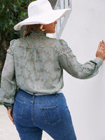 Simplee Plus Jacquard Contrast Guipure Lace Bishop Sleeve Blouse