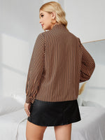 Plus Striped Print Tie Neck Blouse