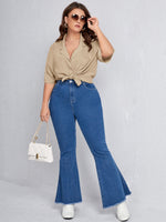 Plus Solid Button Front Patched Pocket Blouse