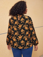 Plus Allover Floral Print Bishop Sleeve Frilled Neck Blouse