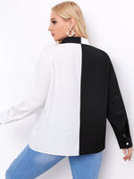 Plus Colorblock Button Front Pocket Blouse