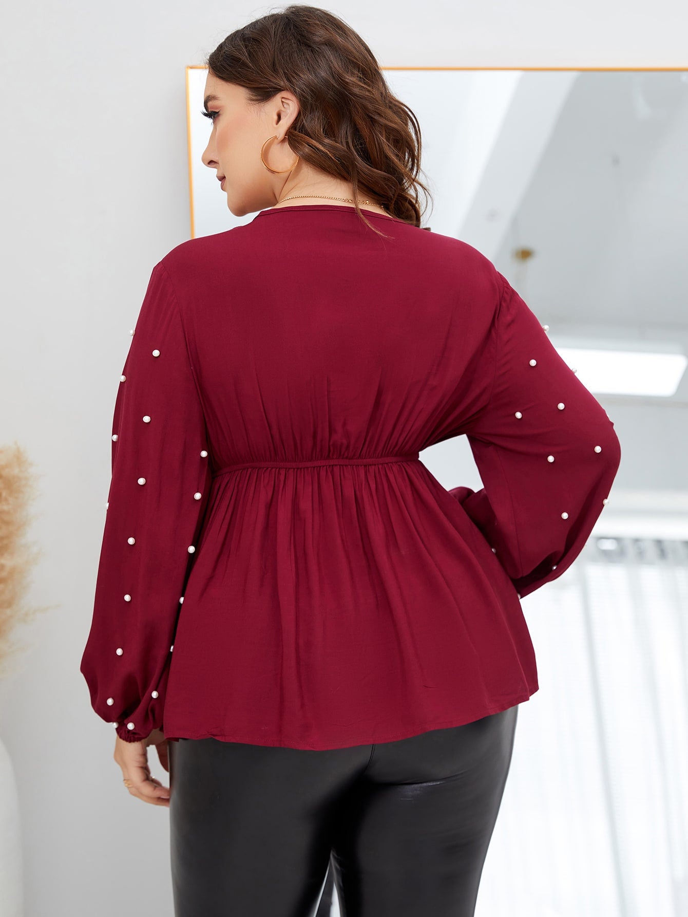Plus Pearls Beaded Lantern Sleeve Peplum Blouse