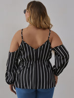 Plus Vertical Striped Cold Shoulder Ruffle Trim Peplum Blouse