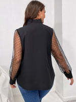 Plus Contrast Dobby Mesh Bishop Sleeve Tie Neck Blouse