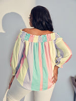 Plus Block Striped Off Shoulder Shirred Lantern Sleeve Blouse
