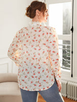 Plus Floral Print Frilled Neck Blouse Without Bra