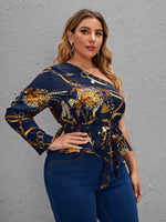 Plus Chain Print One Shoulder Belted Blouse