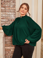 Plus Tie Neck Lantern Sleeve Plisse Blouse