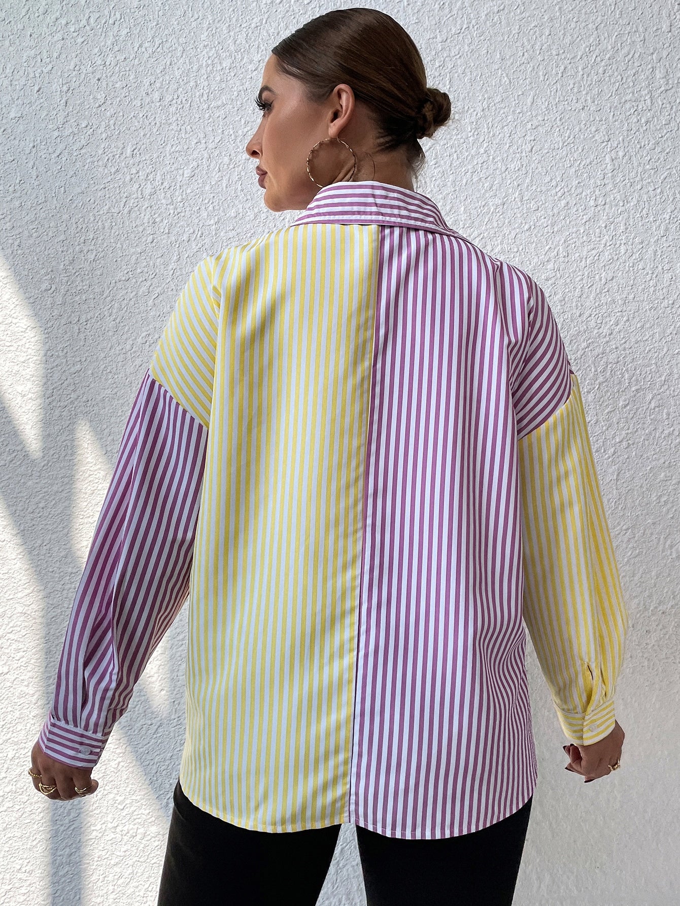 Plus Striped Print Drop Shoulder Colorblock Blouse
