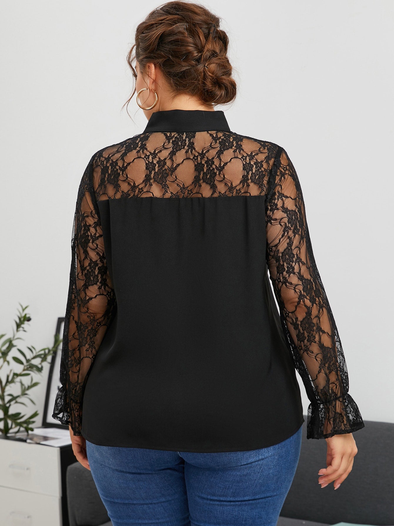 Plus Lace Insert Flounce Sleeve Tie Neck Blouse