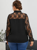 Plus Lace Insert Flounce Sleeve Tie Neck Blouse