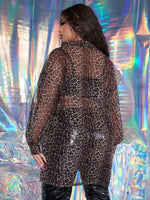 Plus Leopard Print Lantern Sleeve Mesh Blouse