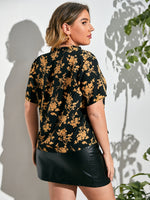 Plus Floral Print Frill Notched Neck Blouse