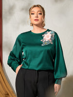 Plus Floral Appliques Bishop Sleeve Satin Top